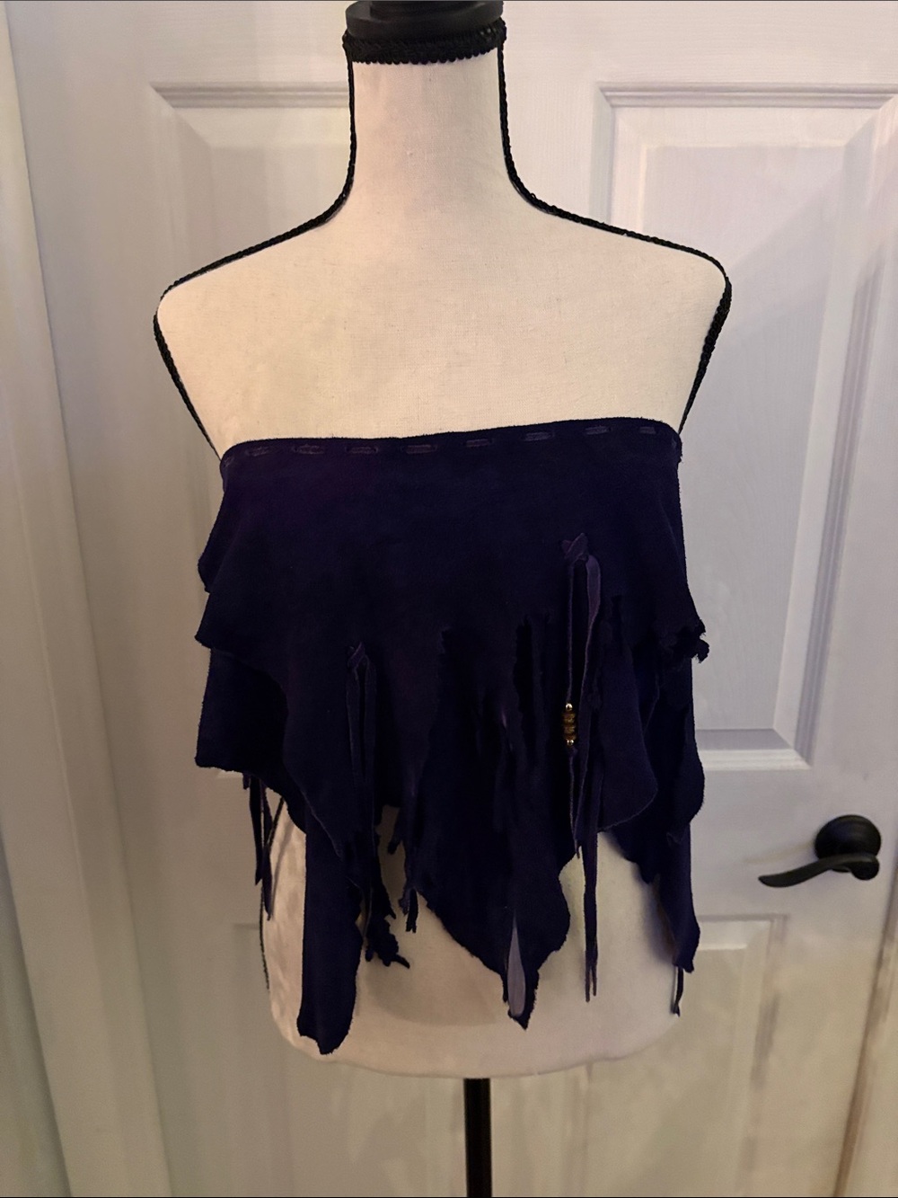 Purple Strapless Fringe Women's Top Navy REAL SUEDE